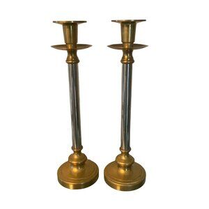 Vintage Brass & Steel Taper Candlesticks Pair 12 inches Tall Mantel Shelf Decor